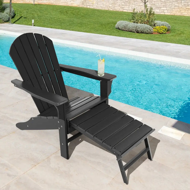 Patio HDPE Adirondack Chair with Retractable Ottoman-Black - Black - Adirondack Chairs