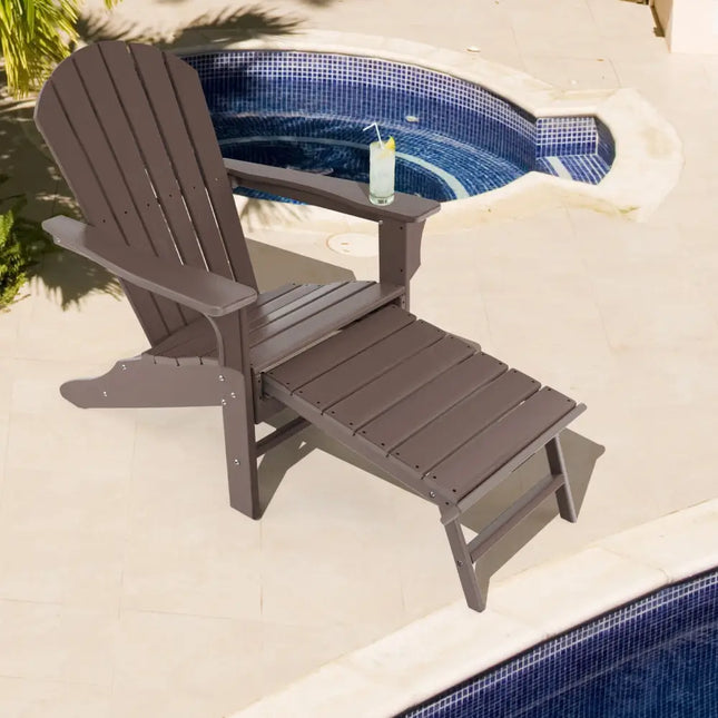 Patio HDPE Adirondack Chair with Retractable Ottoman-Brown - Brown - Adirondack Chairs