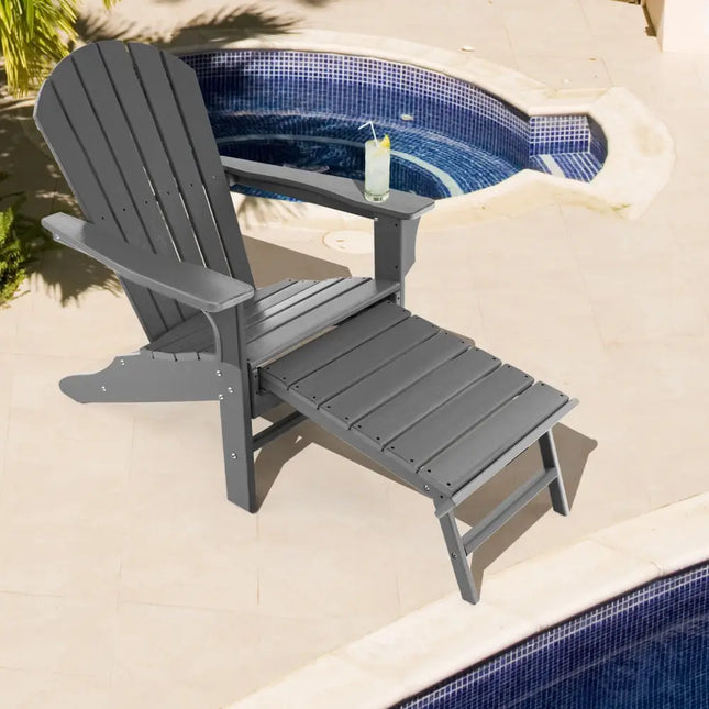 Patio HDPE Adirondack Chair with Retractable Ottoman-Gray - Gray - Adirondack Chairs