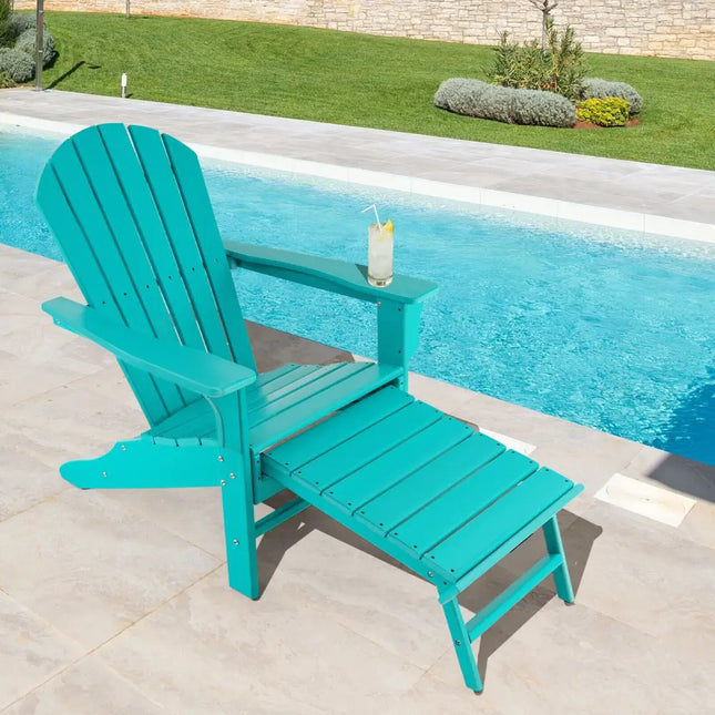 Patio HDPE Adirondack Chair with Retractable Ottoman-Turquoise - Turquoise - Adirondack Chairs