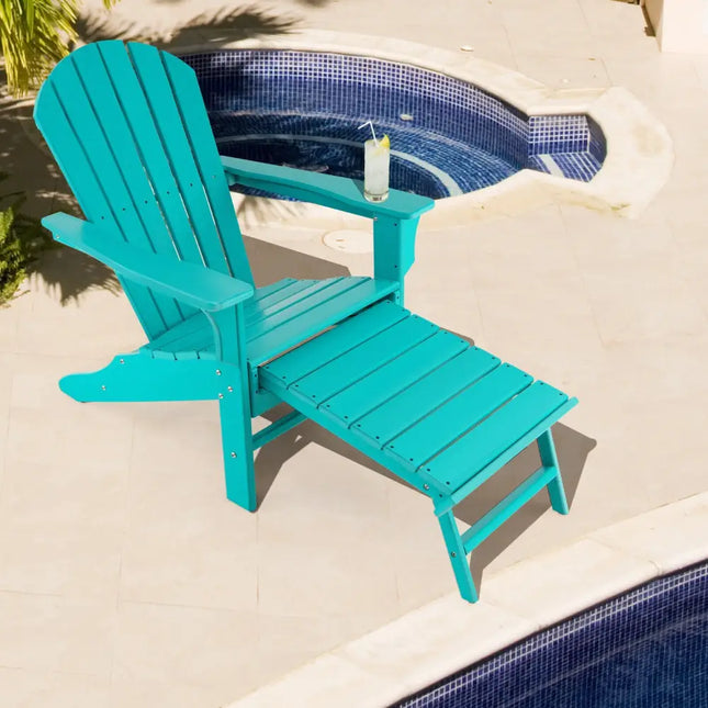 Patio HDPE Adirondack Chair with Retractable Ottoman-Turquoise - Turquoise - Adirondack Chairs
