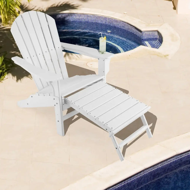 Patio HDPE Adirondack Chair with Retractable Ottoman-White - White - Adirondack Chairs
