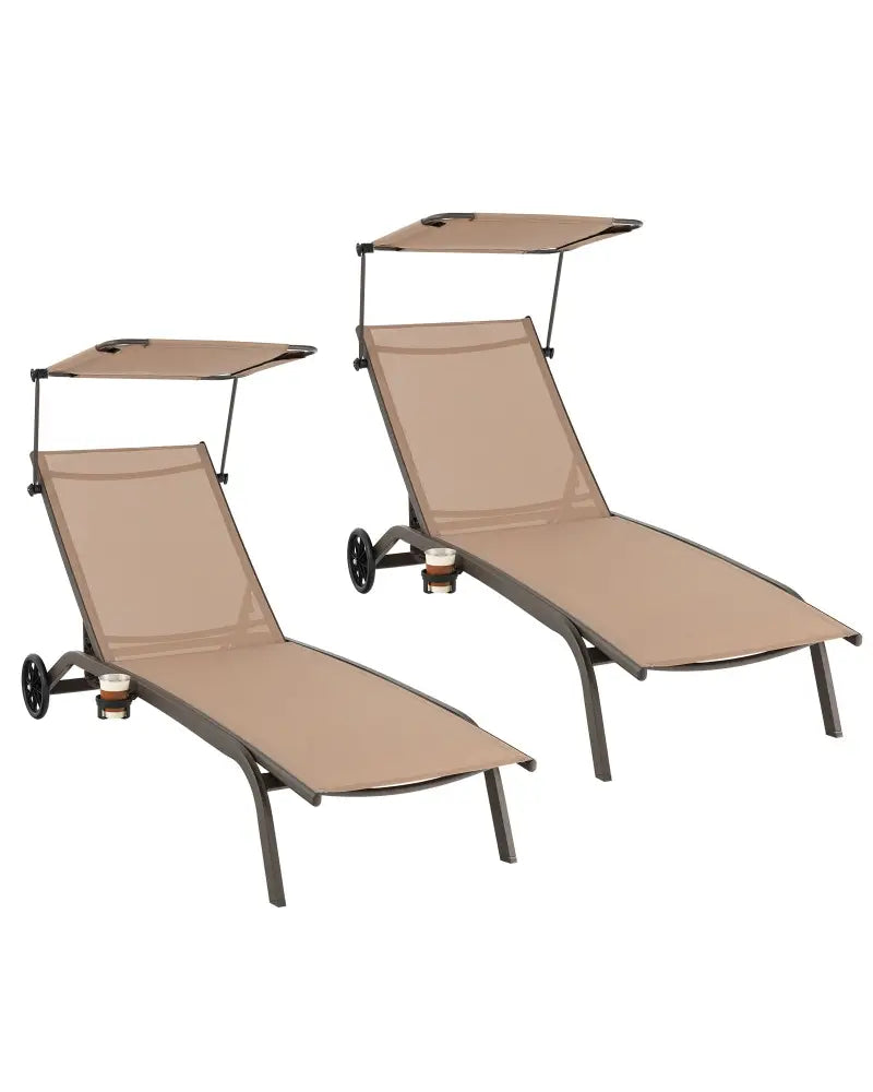 Patio Heavy-Duty Adjustable Chaise Lounge Chair with Canopy Cup holder and Wheels-Brown - Brown - Outdoor Chaise Lounges