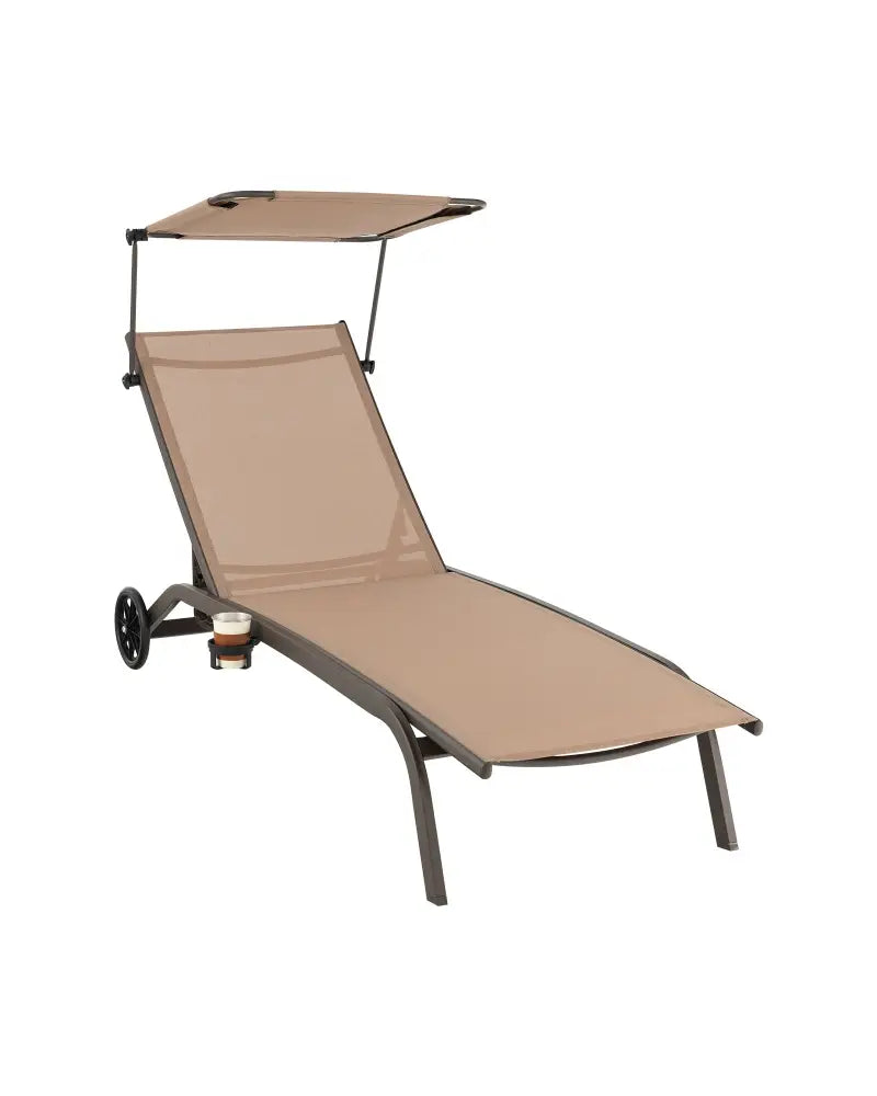Patio Heavy-Duty Adjustable Chaise Lounge Chair with Canopy Cup holder and Wheels-Brown - Brown - Outdoor Chaise Lounges