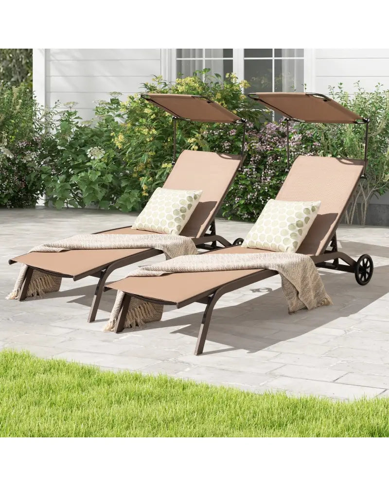 Patio Heavy-Duty Adjustable Chaise Lounge Chair with Canopy Cup holder and Wheels-Brown - Brown - Outdoor Chaise Lounges