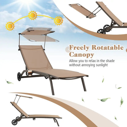 Patio Heavy-Duty Adjustable Chaise Lounge Chair with Canopy Cup holder and Wheels-Brown - Brown - Outdoor Chaise Lounges