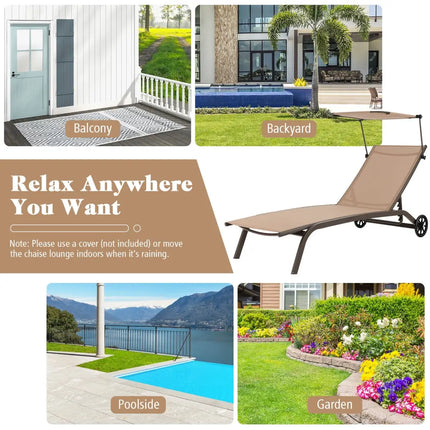 Patio Heavy-Duty Adjustable Chaise Lounge Chair with Canopy Cup holder and Wheels-Brown - Brown - Outdoor Chaise Lounges