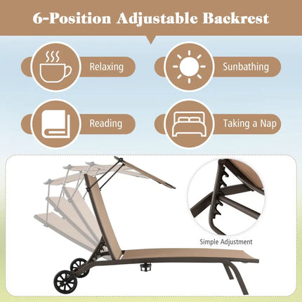 Patio Heavy-Duty Adjustable Chaise Lounge Chair with Canopy Cup holder and Wheels-Brown - Brown - Outdoor Chaise Lounges