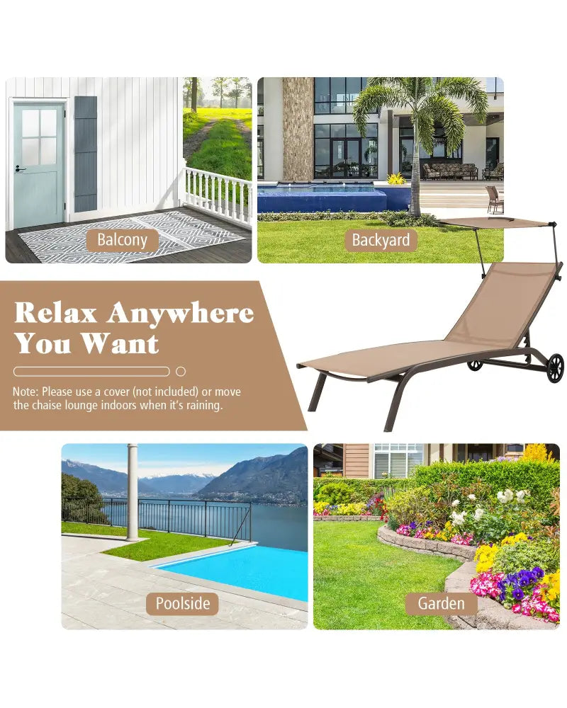 Patio Heavy-Duty Adjustable Chaise Lounge Chair with Canopy Cup holder and Wheels-Brown - Brown - Outdoor Chaise Lounges
