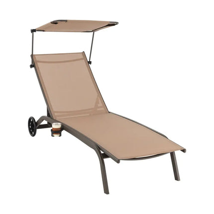 Patio Heavy-Duty Adjustable Chaise Lounge Chair with Canopy Cup holder and Wheels-Brown - Brown - Outdoor Chaise Lounges