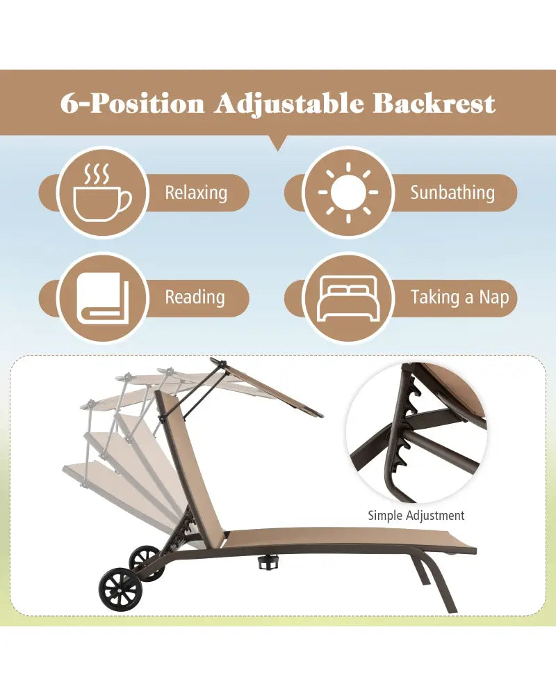Patio Heavy-Duty Adjustable Chaise Lounge Chair with Canopy Cup holder and Wheels-Brown - Brown - Outdoor Chaise Lounges