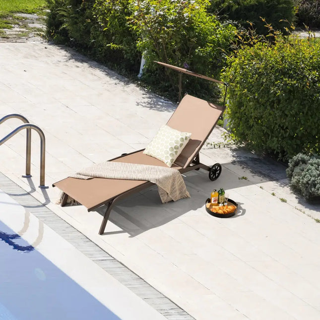Patio Heavy-Duty Adjustable Chaise Lounge Chair with Canopy Cup holder and Wheels-Brown - Brown - Outdoor Chaise Lounges