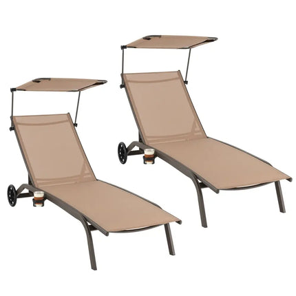 Patio Heavy-Duty Adjustable Chaise Lounge Chair with Canopy Cup holder and Wheels-Brown - Brown - Outdoor Chaise Lounges