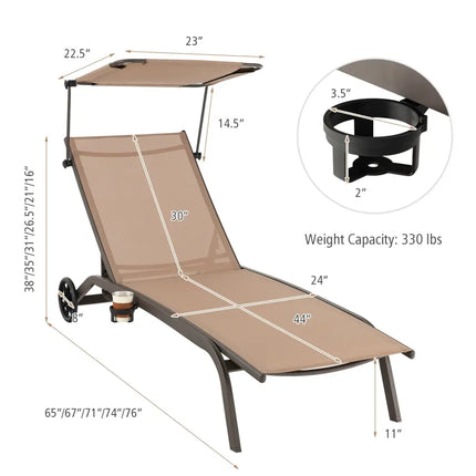 Patio Heavy-Duty Adjustable Chaise Lounge Chair with Canopy Cup holder and Wheels-Brown - Brown - Outdoor Chaise Lounges