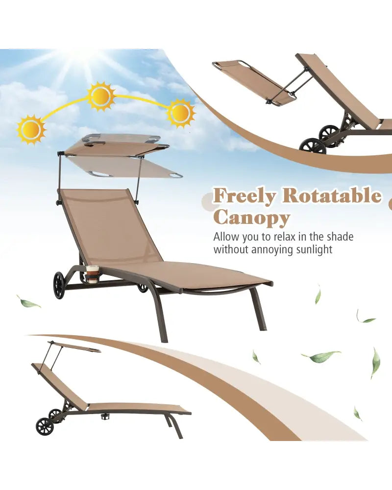 Patio Heavy-Duty Adjustable Chaise Lounge Chair with Canopy Cup holder and Wheels-Brown - Brown - Outdoor Chaise Lounges