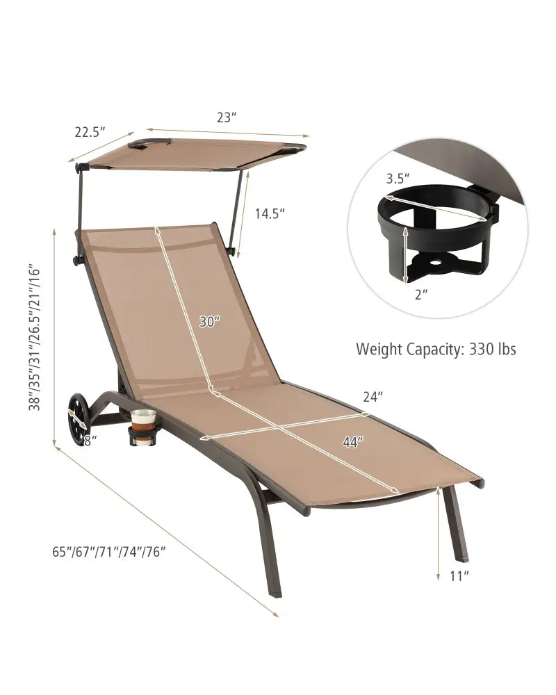 Patio Heavy-Duty Adjustable Chaise Lounge Chair with Canopy Cup holder and Wheels-Brown - Brown - Outdoor Chaise Lounges