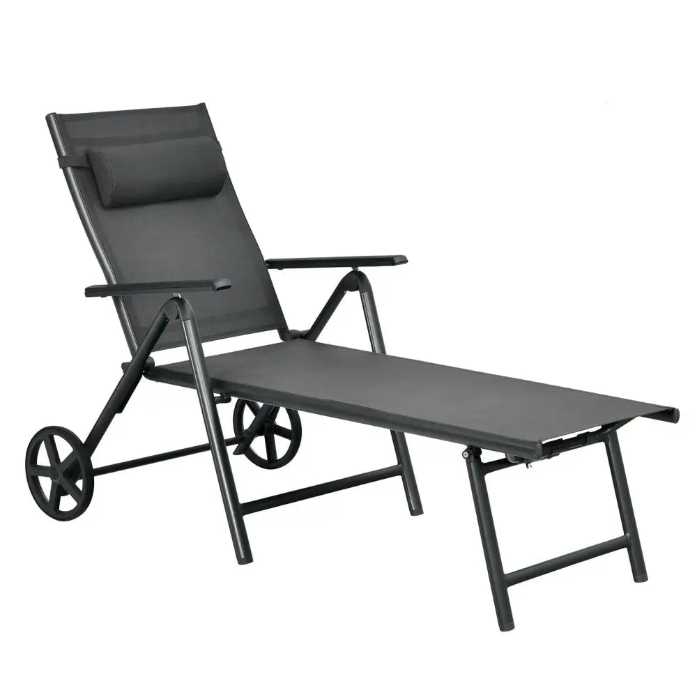 Patio Lounge Chair with Wheels Neck Pillow Aluminum Frame Adjustable-Gray - Gray - Outdoor Chaise Lounges