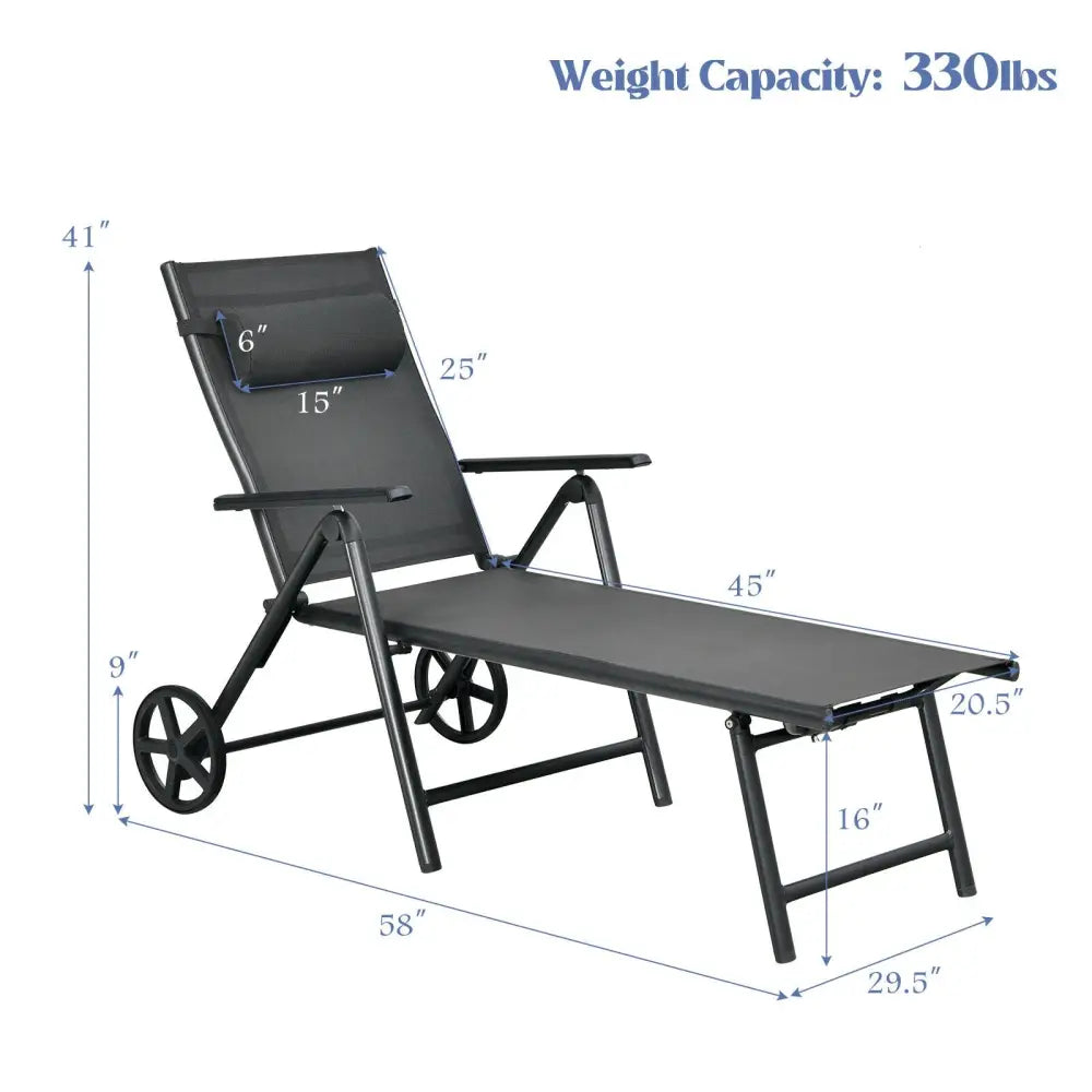 Patio Lounge Chair with Wheels Neck Pillow Aluminum Frame Adjustable-Gray - Gray - Outdoor Chaise Lounges