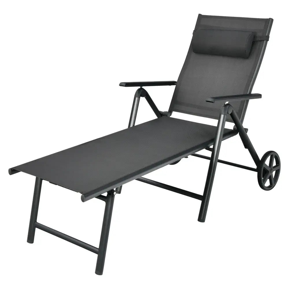 Patio Lounge Chair with Wheels Neck Pillow Aluminum Frame Adjustable-Gray - Gray - Outdoor Chaise Lounges