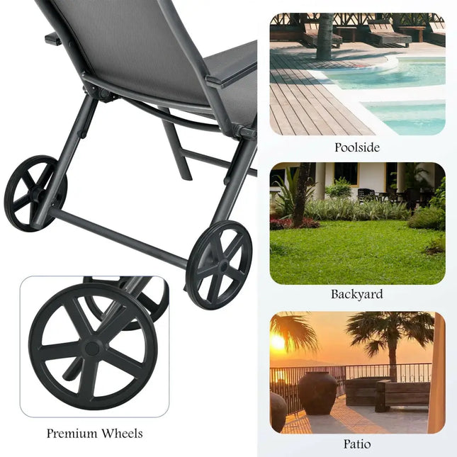Patio Lounge Chair with Wheels Neck Pillow Aluminum Frame Adjustable-Gray - Gray - Outdoor Chaise Lounges