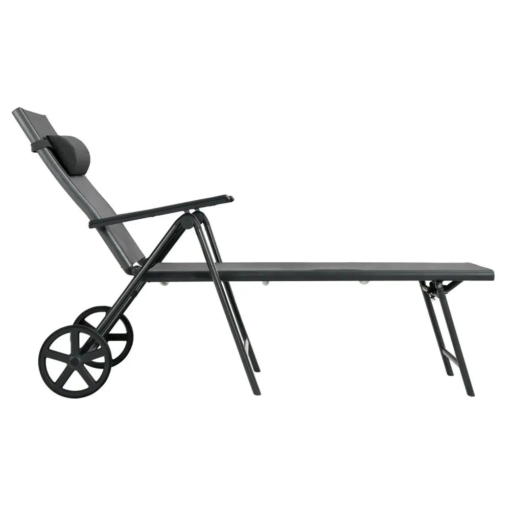 Patio Lounge Chair with Wheels Neck Pillow Aluminum Frame Adjustable-Gray - Gray - Outdoor Chaise Lounges