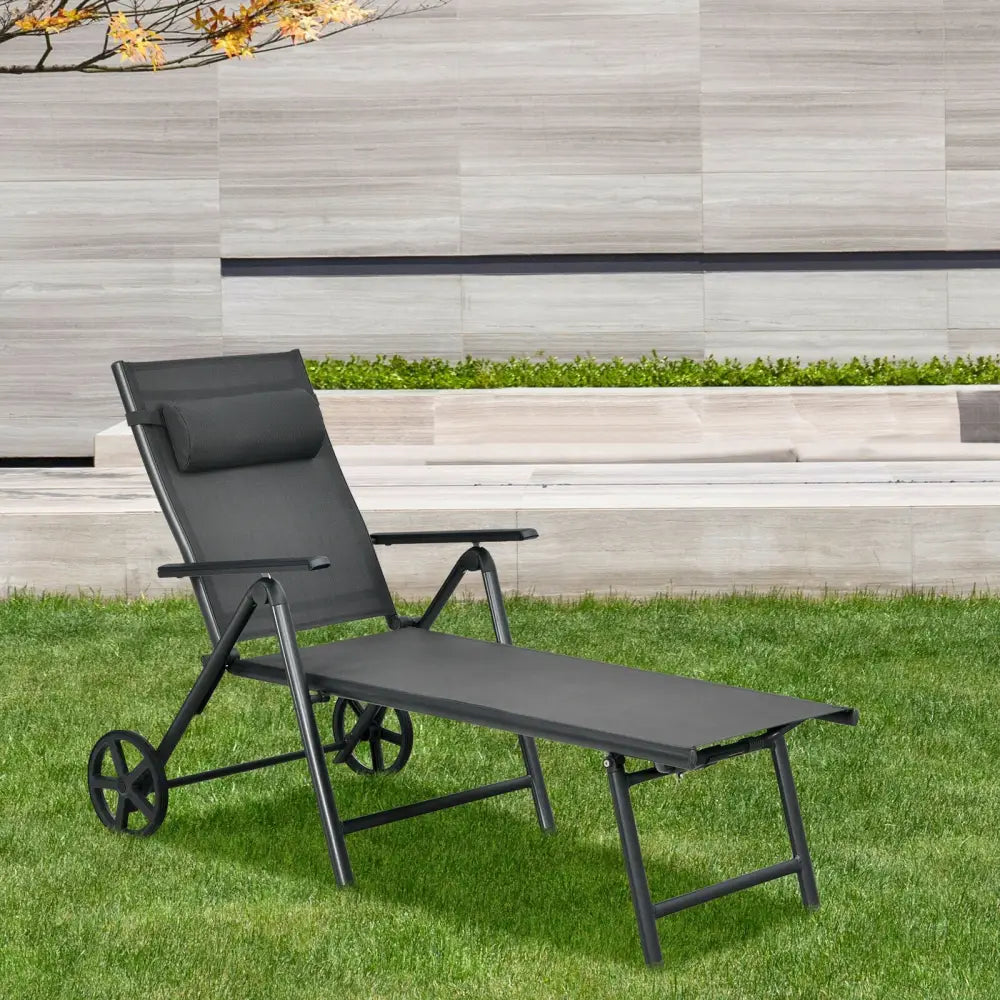 Patio Lounge Chair with Wheels Neck Pillow Aluminum Frame Adjustable-Gray - Gray - Outdoor Chaise Lounges