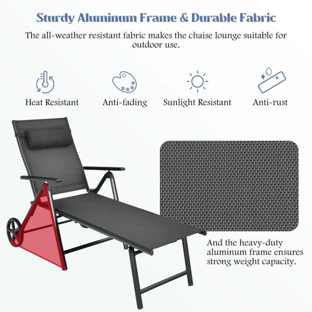 Patio Lounge Chair with Wheels Neck Pillow Aluminum Frame Adjustable-Gray - Gray - Outdoor Chaise Lounges