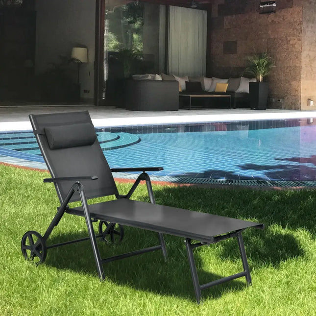 Patio Lounge Chair with Wheels Neck Pillow Aluminum Frame Adjustable-Gray - Gray - Outdoor Chaise Lounges