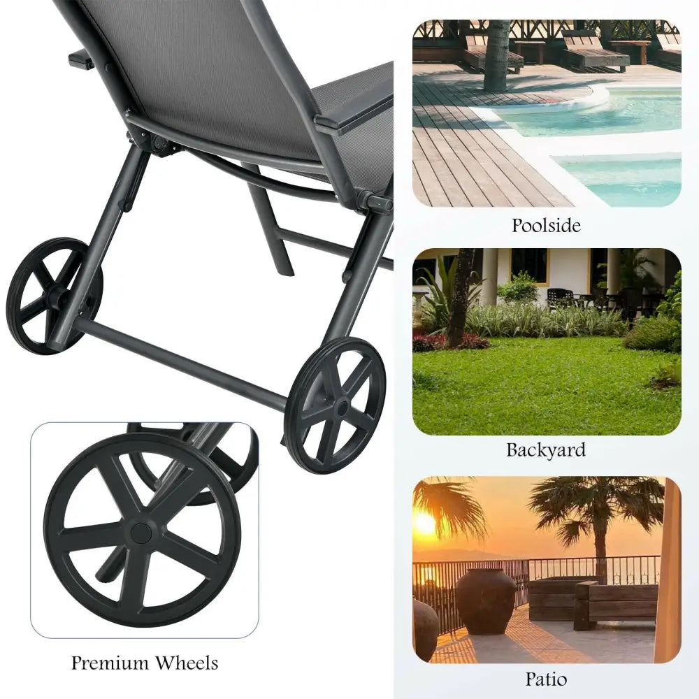Patio Lounge Chair with Wheels Neck Pillow Aluminum Frame Adjustable-Gray - Gray - Outdoor Chaise Lounges