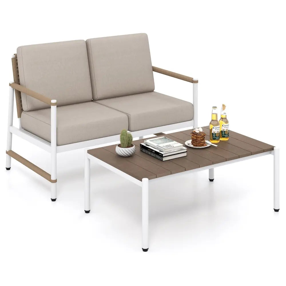 Patio Loveseat Sofa with Coffee Table Set with Thick Cushions - Gray - Patio Conversation Sets