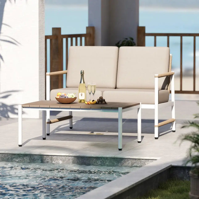 Patio Loveseat Sofa with Coffee Table Set with Thick Cushions - Gray - Patio Conversation Sets