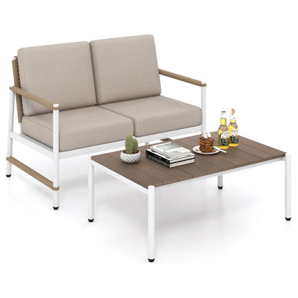 Patio Loveseat Sofa with Coffee Table Set with Thick Cushions - Gray - Patio Conversation Sets