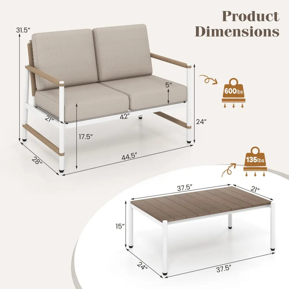 Patio Loveseat Sofa with Coffee Table Set with Thick Cushions - Gray - Patio Conversation Sets