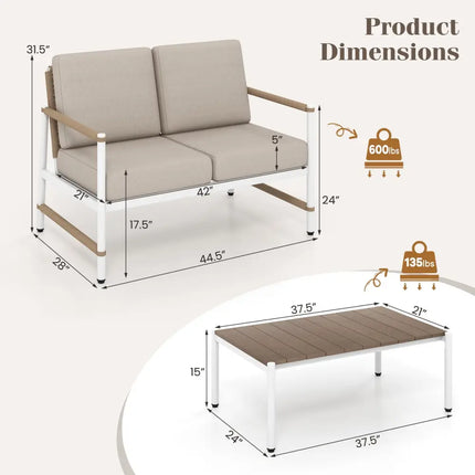 Patio Loveseat Sofa with Coffee Table Set with Thick Cushions - Gray - Patio Conversation Sets