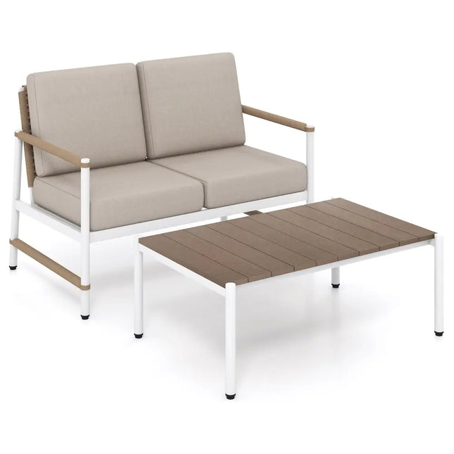 Patio Loveseat Sofa with Coffee Table Set with Thick Cushions - Gray - Patio Conversation Sets