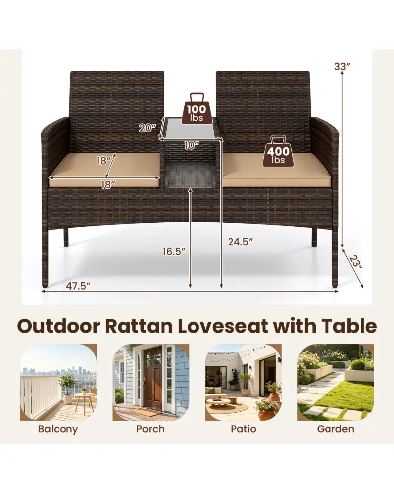 Patio Loveseat Wicker 2-Seat Conversation Set with Built-in Coffee Table-Brown - Brown - Patio Conversation Sets