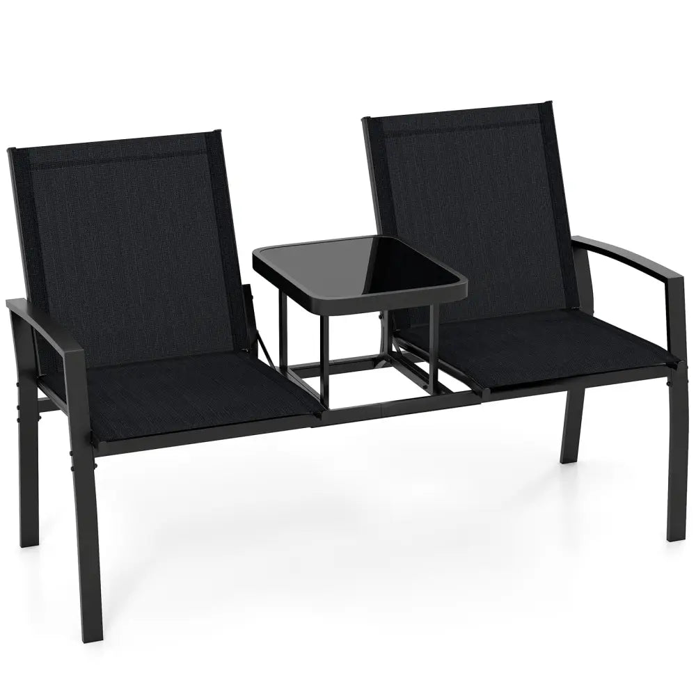 Patio Loveseat with Built-in Table with Breathable Fabric Back-Black - Black - Outdoor Seating & Patio Chairs