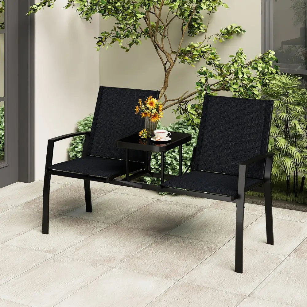 Patio Loveseat with Built-in Table with Breathable Fabric Back-Black - Black - Outdoor Seating & Patio Chairs