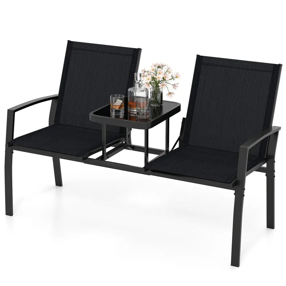 Patio Loveseat with Built-in Table with Breathable Fabric Back-Black - Black - Outdoor Seating & Patio Chairs
