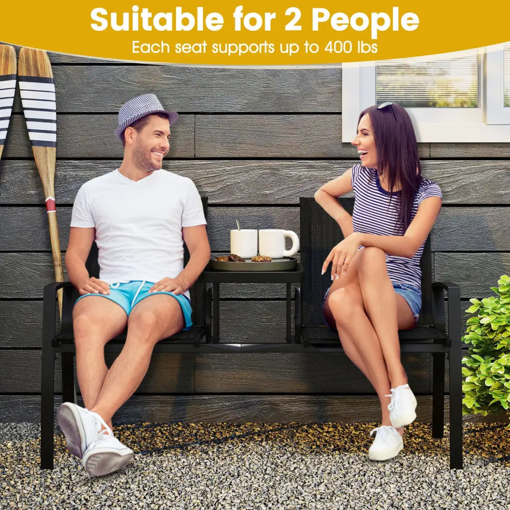 Patio Loveseat with Built-in Table with Breathable Fabric Back-Black - Black - Outdoor Seating & Patio Chairs