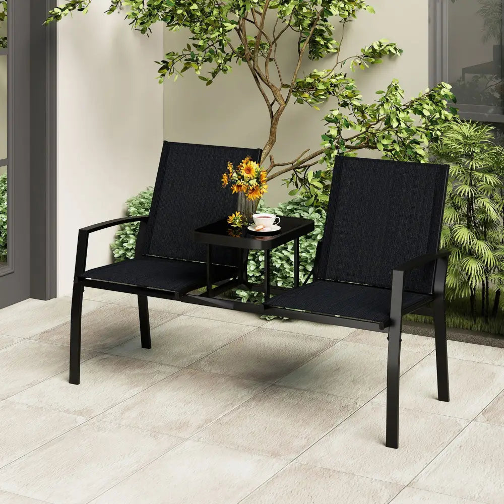 Patio Loveseat with Built-in Table with Breathable Fabric Back-Black - Black - Outdoor Seating & Patio Chairs