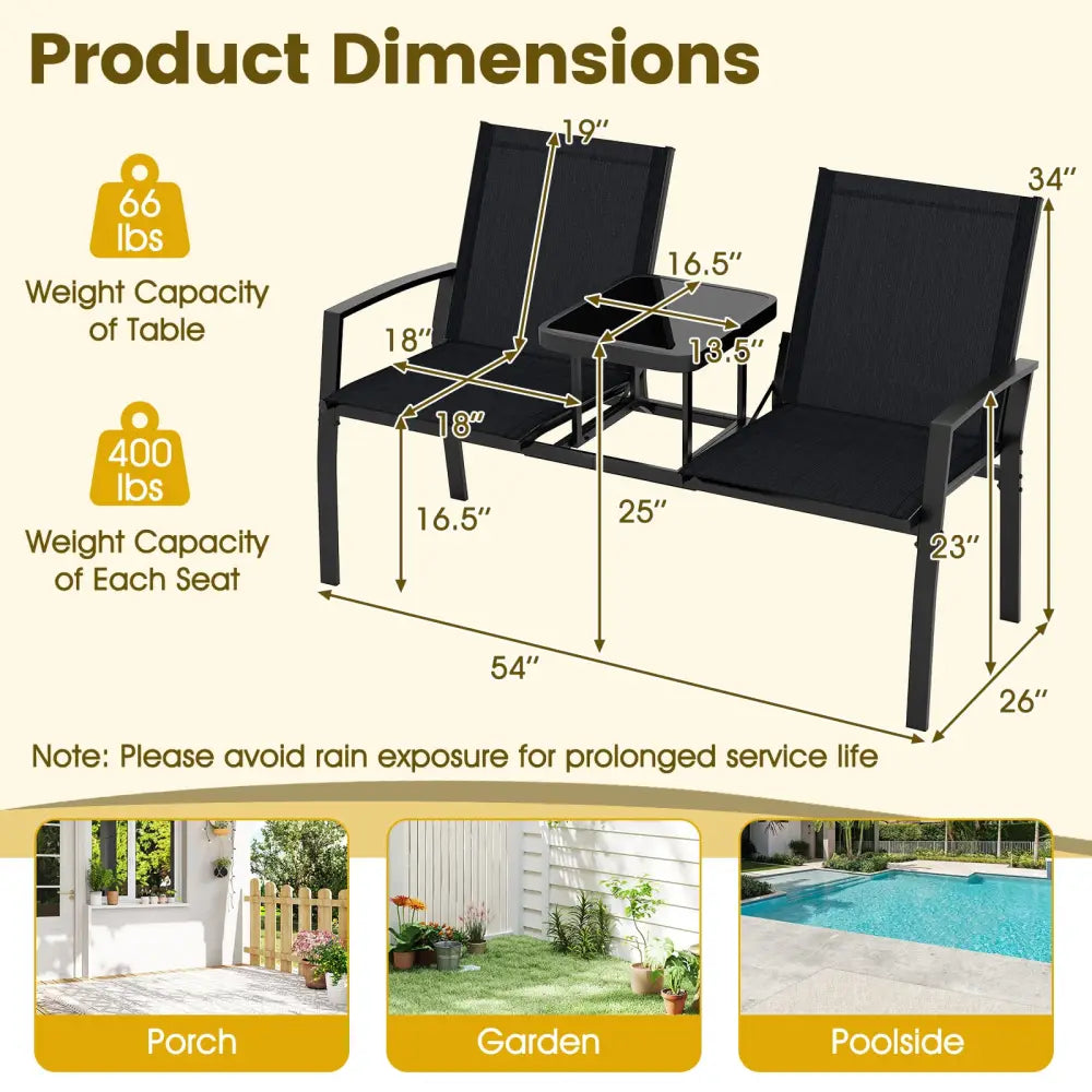 Patio Loveseat with Built-in Table with Breathable Fabric Back-Black - Black - Outdoor Seating & Patio Chairs