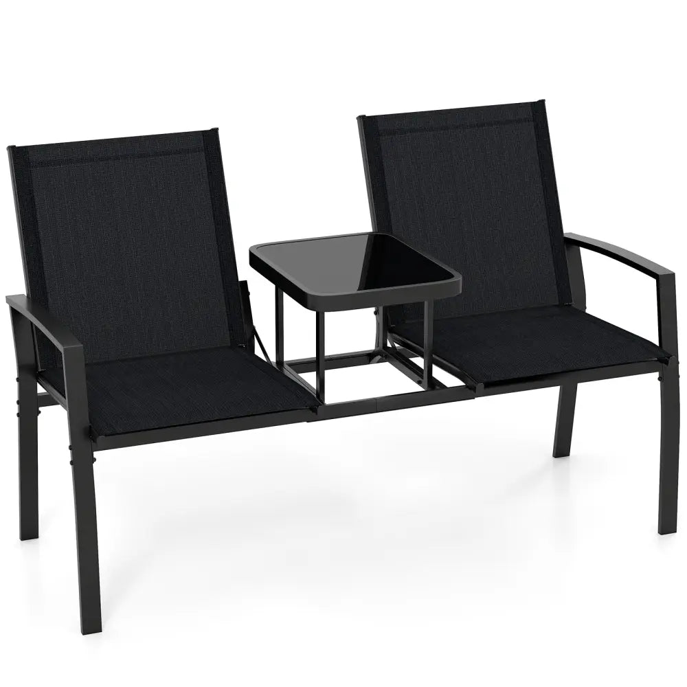 Patio Loveseat with Built-in Table with Breathable Fabric Back-Black - Black - Outdoor Seating & Patio Chairs