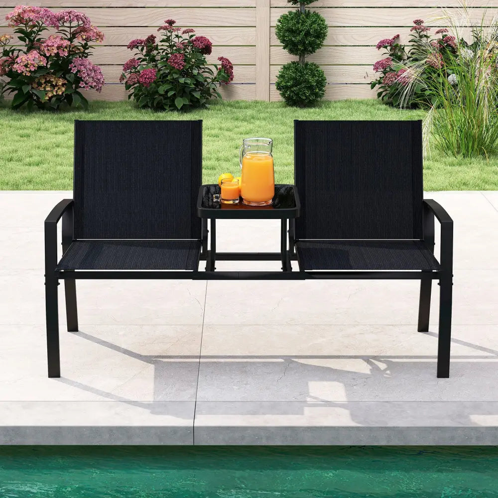 Patio Loveseat with Built-in Table with Breathable Fabric Back-Black - Black - Outdoor Seating & Patio Chairs