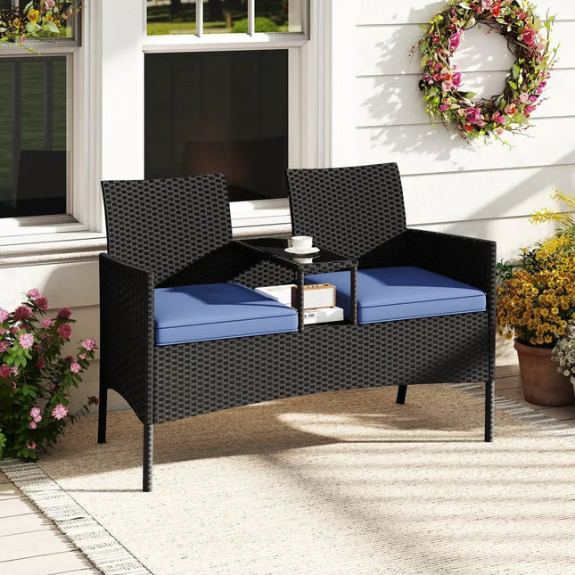 Patio Loveseat with Built-in Table for Backyard Porch-Navy - Navy - Patio Conversation Sets
