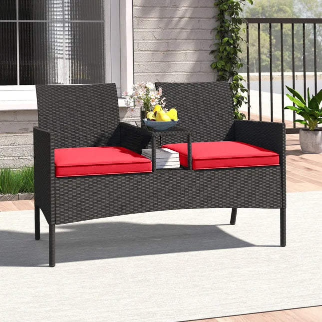 Patio Loveseat with Built-in Table for Backyard Porch-Red - Red - Patio Conversation Sets
