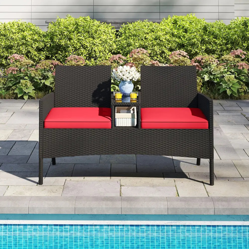 Patio Loveseat with Built-in Table for Backyard Porch-Red - Red - Patio Conversation Sets
