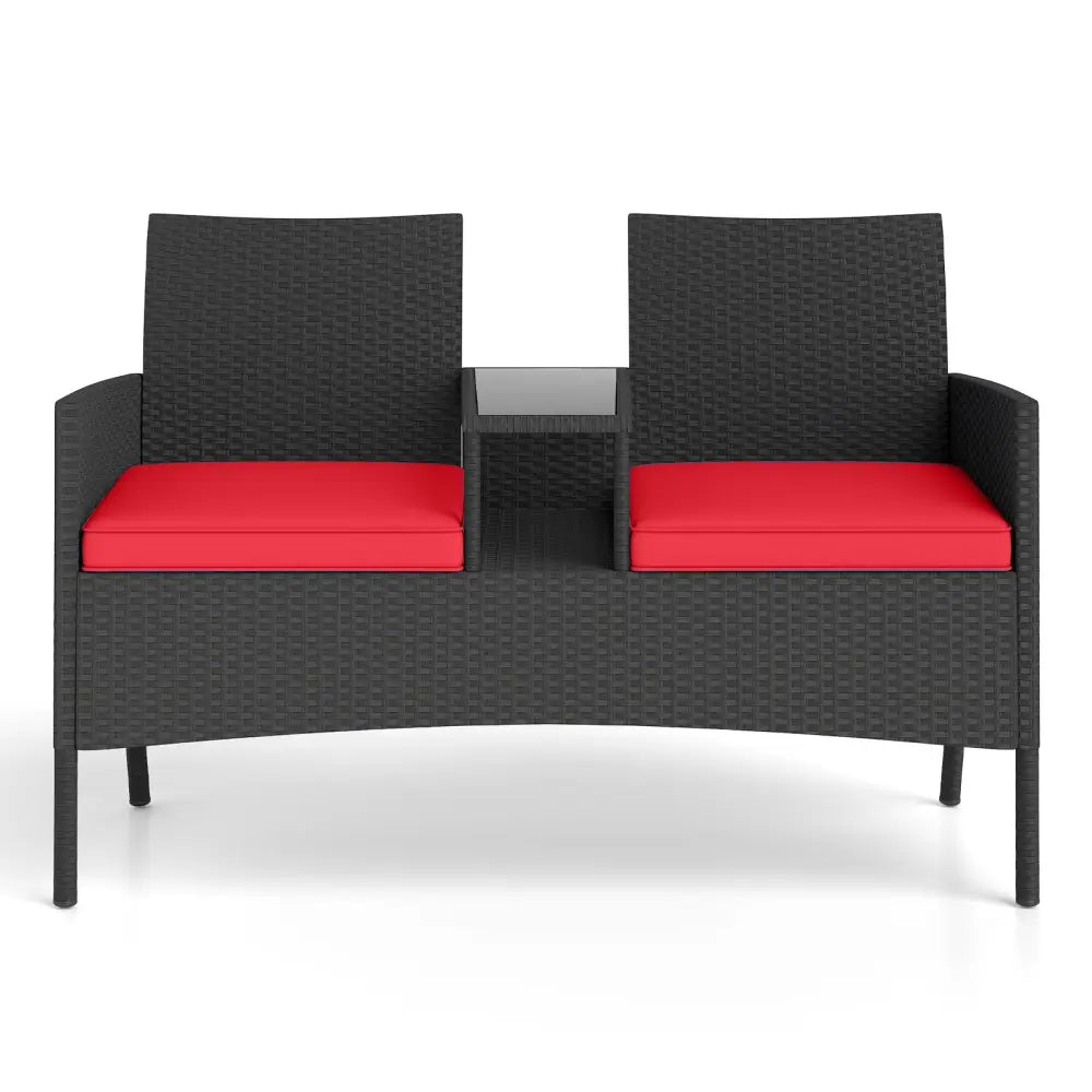 Patio Loveseat with Built-in Table for Backyard Porch-Red - Red - Patio Conversation Sets