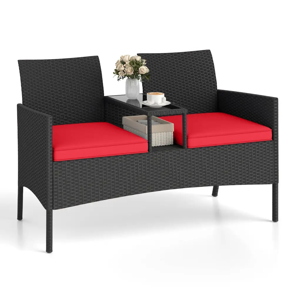 Patio Loveseat with Built-in Table for Backyard Porch-Red - Red - Patio Conversation Sets