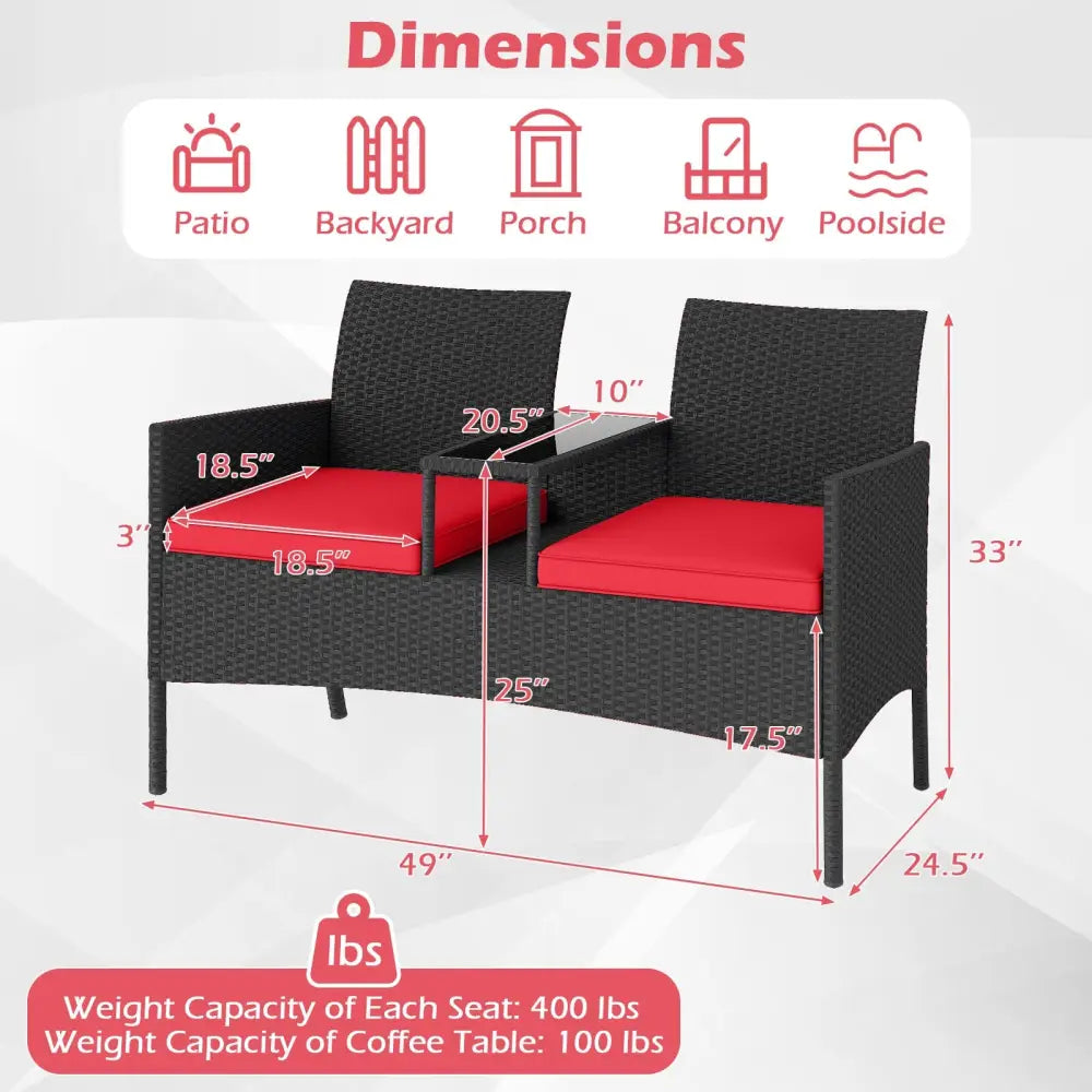Patio Loveseat with Built-in Table for Backyard Porch-Red - Red - Patio Conversation Sets